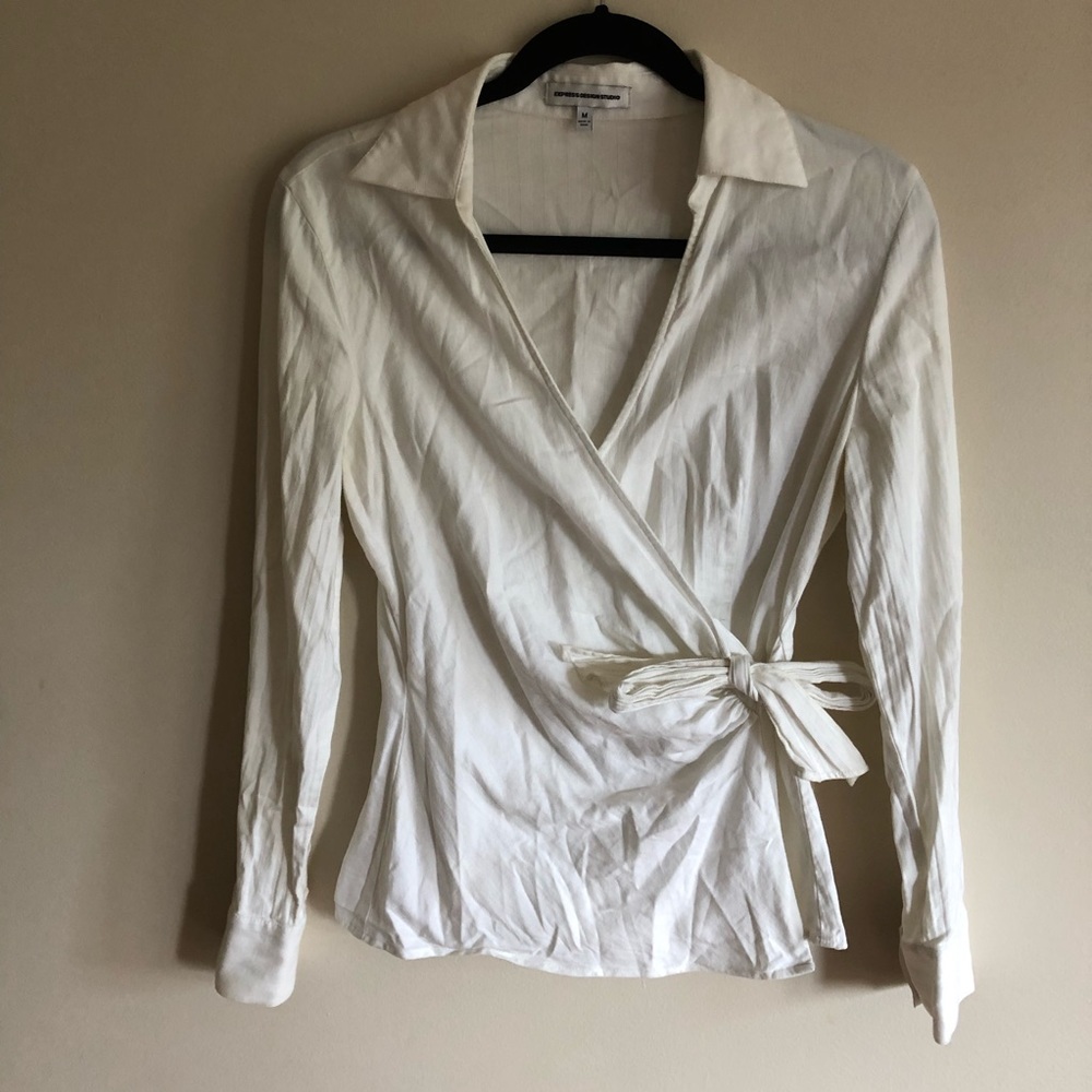 Express Studio white collared wrap shirt medium